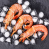 Argentine Red Shrimp on slate with ice cubes (flatlay)